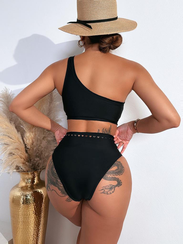 Women's Swimsuit Black One Shoulder Sexy High Waist Bikini Tankini Beachwear Bathing Suits