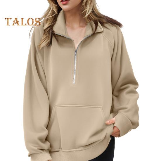 Женская толстовка осень-зима с застежкой-молнией на лацкане, с длинным рукавом и передним карманом, пуловер, однотонный свободный спортивный свитшот