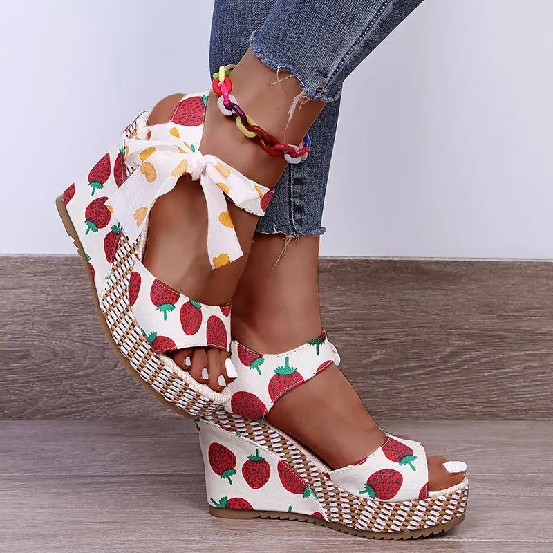 Women 2024 New Platform Wedges Sandals Summer Sapatos Feminino Shoes Ankle Strap Fruit Print Footwear Sandalias De Mujer Pumps
