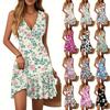 Women's Dress V-neck Sleeveless Casual Floral Print Hem Pleated Dress