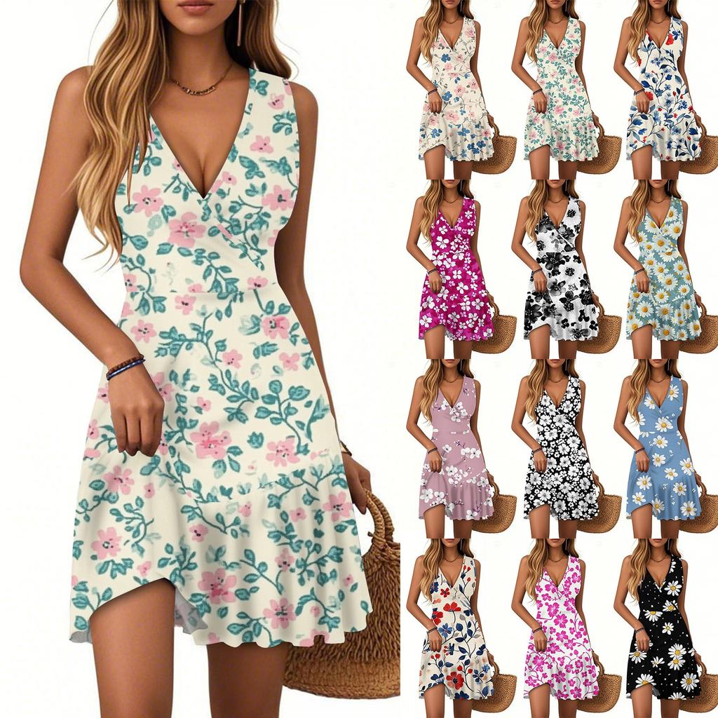 Women's Dress V-neck Sleeveless Casual Floral Print Hem Pleated Dress