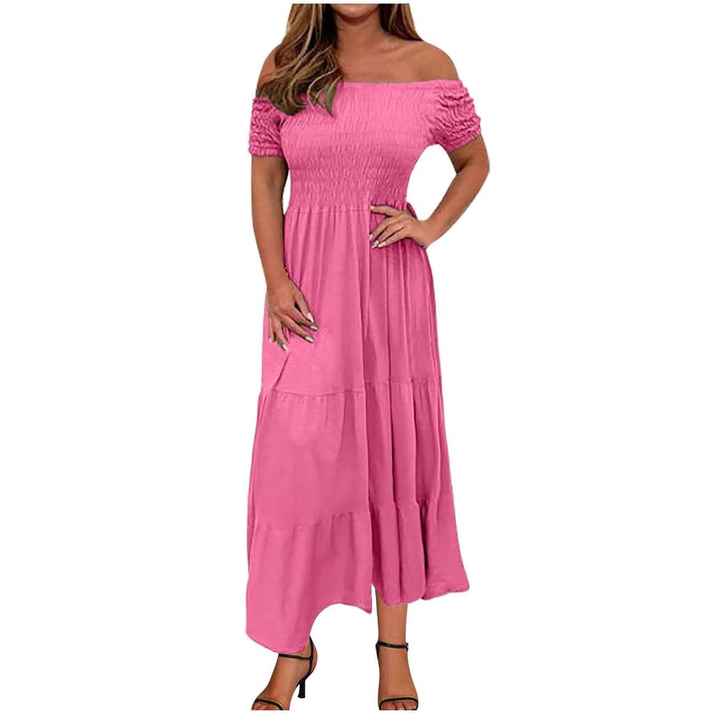 Women's Fashionable Solid Color Pleated Layered Short Sleeved Large Hem Dress