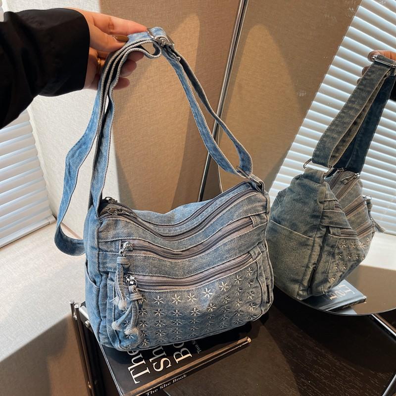 Womens Vintage Denim Shoulder Bag Casual Crossbody Soft Medium Size Travel Purse In Black Blue Navy