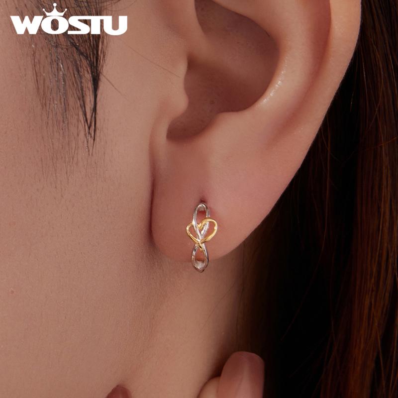 WOSTU Two Tone Gold 925 Sterling Silver Gold Heart Huggies Earrings For Women Lovely Ear Hoops Fine Jewelry Gift