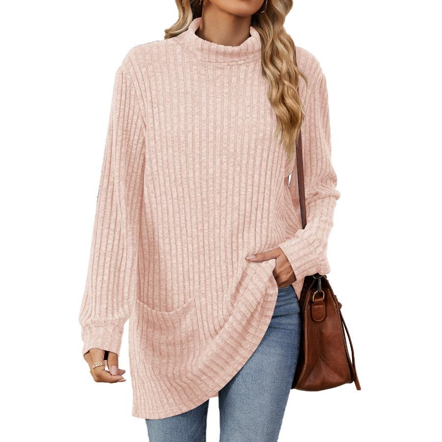 Autumn Winter Mid-Length Pullover Long Sleeves Thick Warm Knitwear Hoodie Casual Solid Color Half High Collar Loose Pocket Sweatshirt