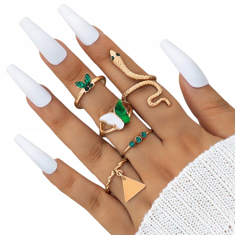 Set Of 5 Golden Rings Retro Punk Vintage Snake Butterfly Green
