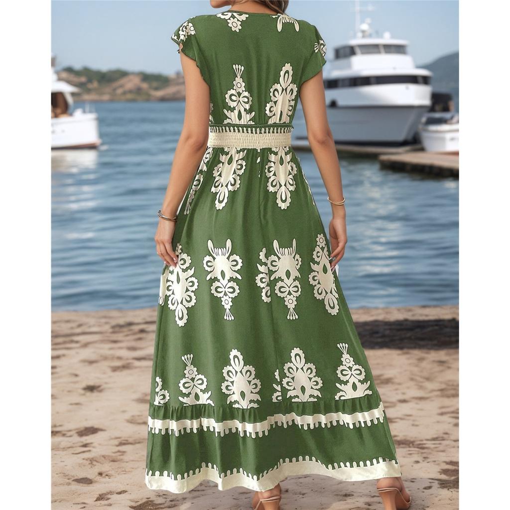 New Summer Holiday Style Printed V-neck Waist Short-sleeved Dress Holiday Long Dress
