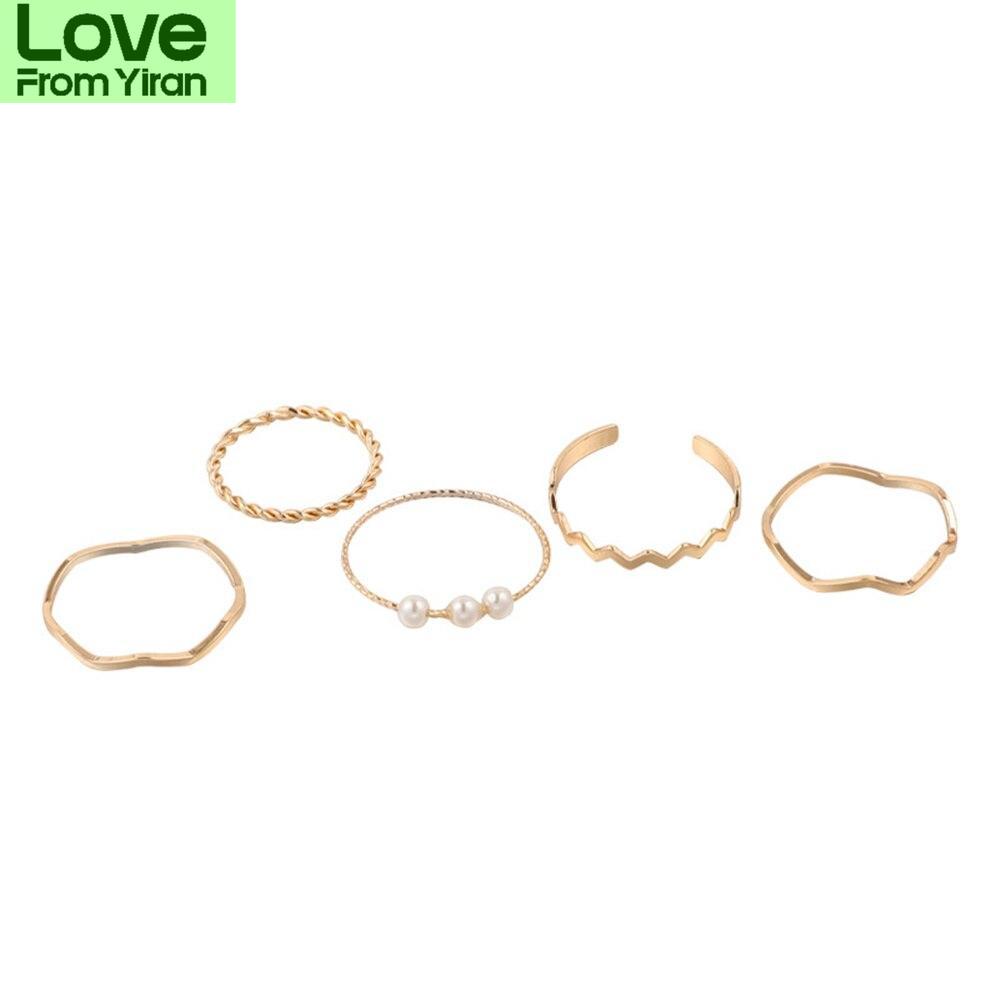 5pc /Set New Trend Temperament Pearl Ring Female Retro Design Fashion Personalized Ring Ins Hand Formal Elegant Jewelry For Women
