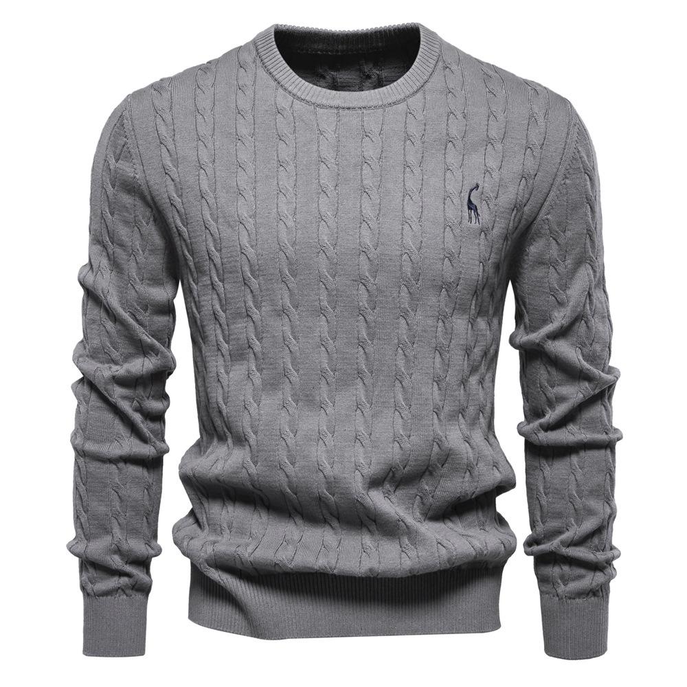 Men's Autumn Winter Solid Knitted Crew Neck Sweater Fashion Casual Deer Embroidery Pullover