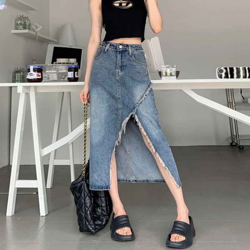 Elegant Woman Irregular Women Summer High Waist Design Split Raw Edge A-line Package Hip Vintage Versatile Comfortable Fashion Denim Bustier Skirt