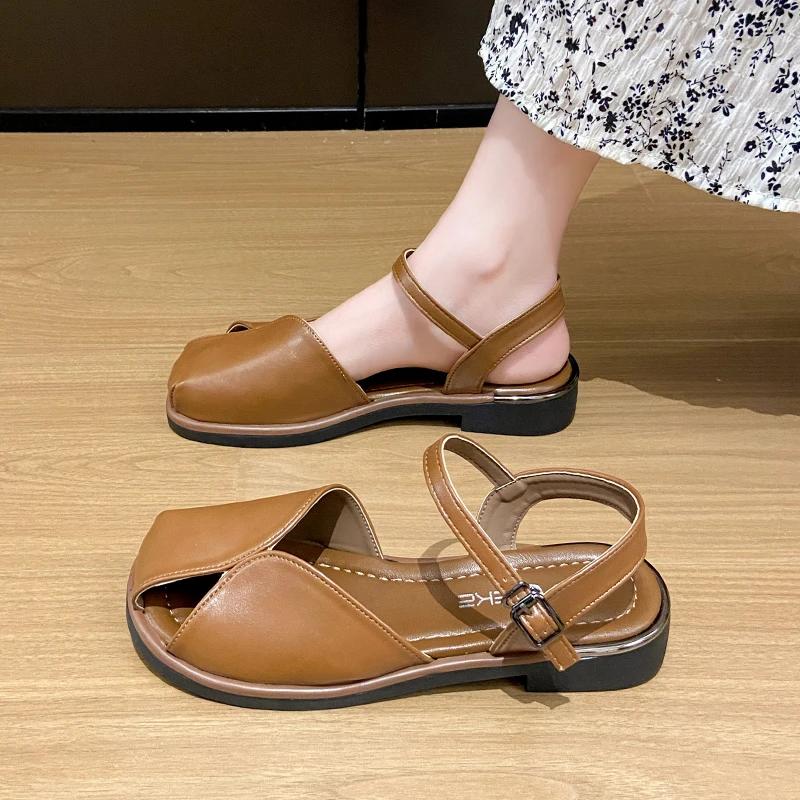 Ретро-круглые римские сандалии для женщин, летняя мода, пряжка, дизайнерские новые нескользящие женские тапочки с квадратным каблуком Zapatos Muje