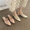 Gentle Lace Square Head Bow High Heels Women's Outer Wear Bag Head Half Slippers Niche Light Mouth Muller Cool Slippers
