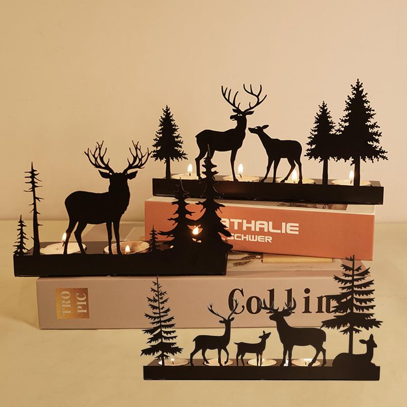 Reindeer Metal Candle Holders Creative Black Wrought Iron Elk Tea Light Candlestick Luminous Christmas Decoration Home Decor