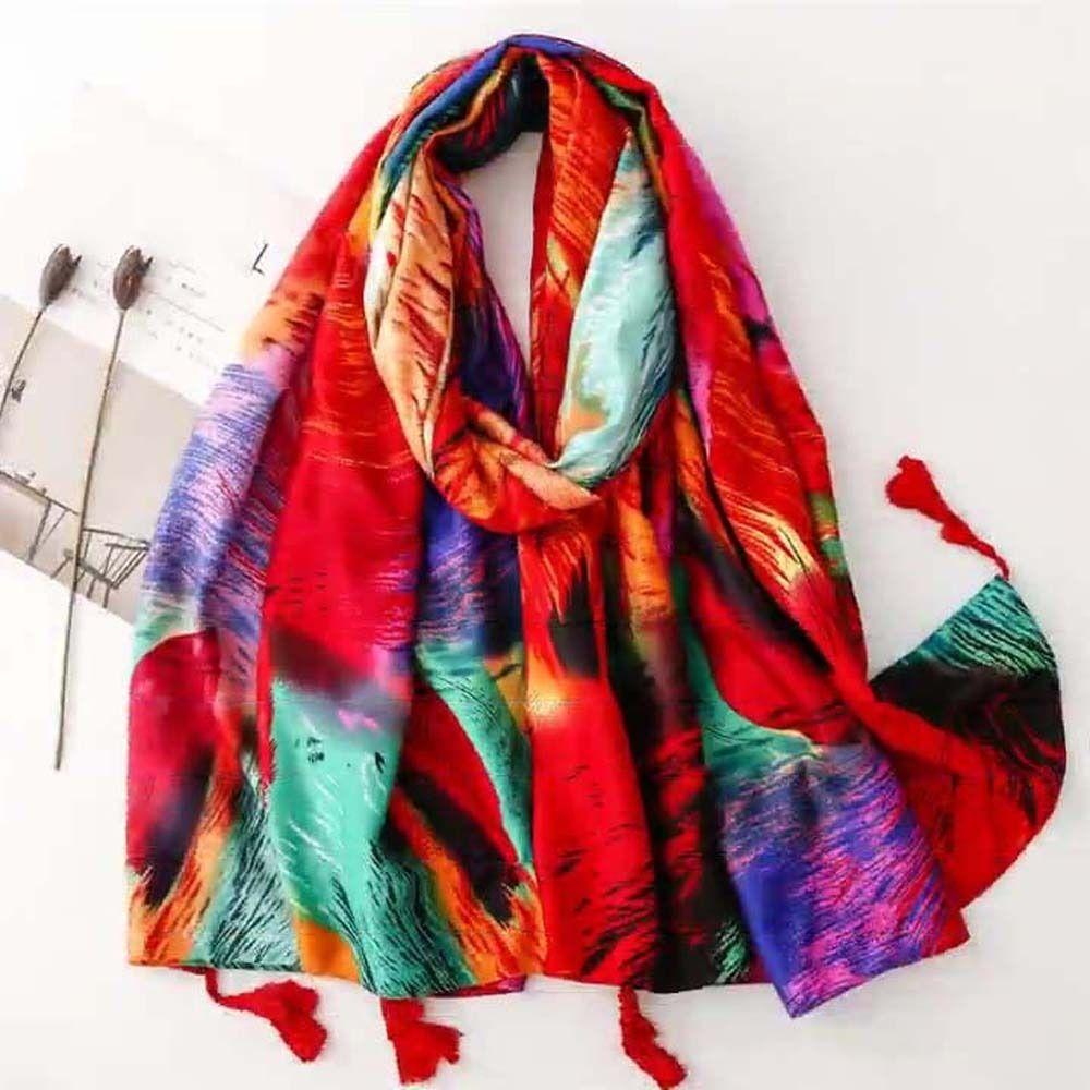 Cotton Ethnic Style Yarn Shawl Breathable Square Hijab Scarf Sweet Big Pattern Headscarf  Summer