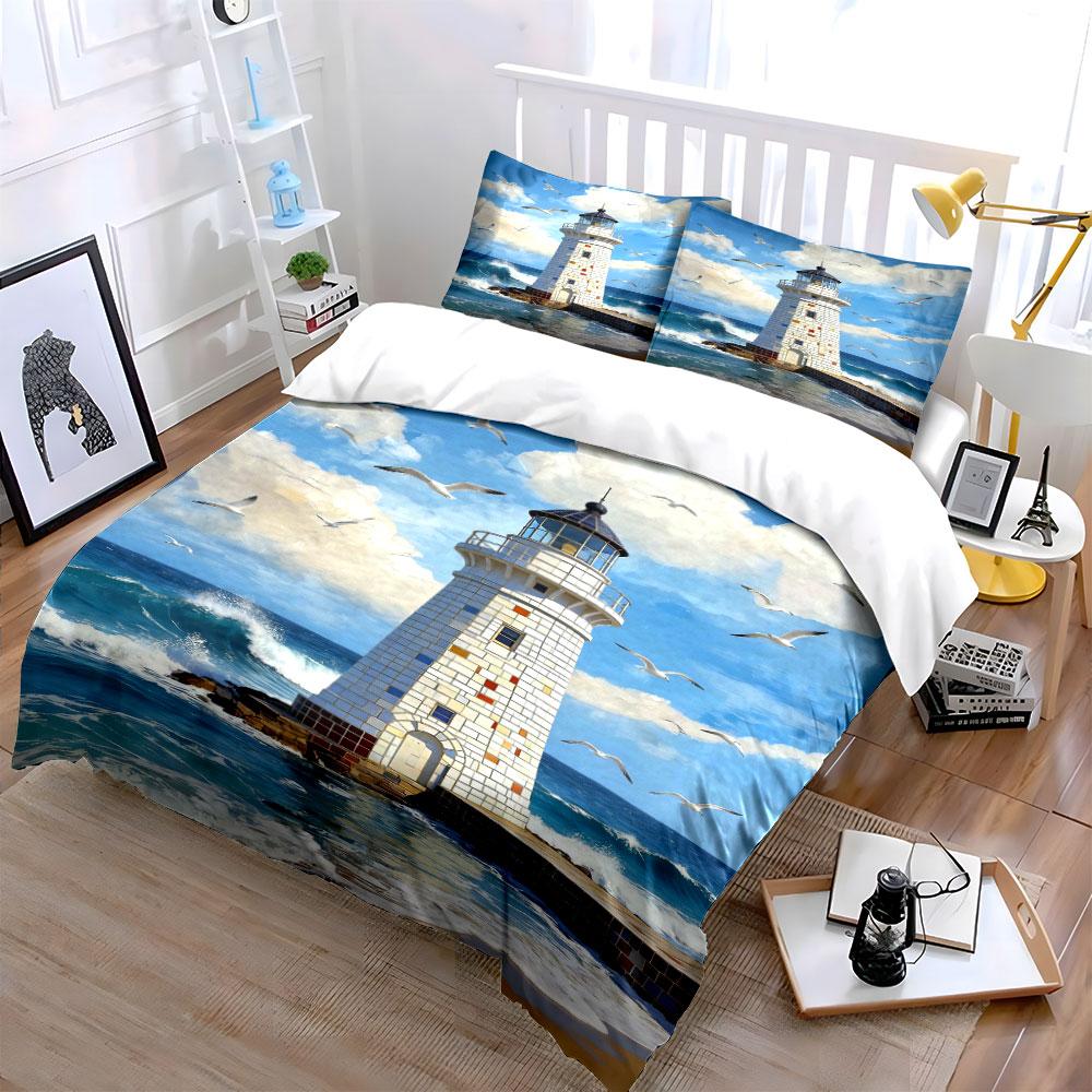 Lighthouse, seagulls, ocean waves. Bedding sets Duvet cover sets Duvet covers Pillowcases(1 * Duvet Cover 2 * Pillowcases without duvet insert)
