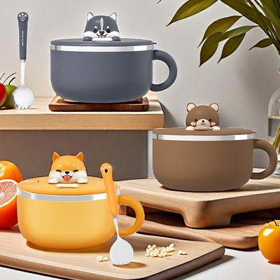 1,2 л Миска для рамена с животными, с крышкой и ложкой, из нержавеющей стали, для лапши быстрого приготовления, фруктового салата, супа, риса, Ланч-бокс, Кухонный аксессуар