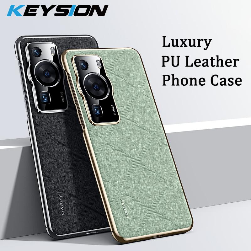 KEYSION Grid Pattern PU Leather Case for Huawei P60 P60 Pro Plating PC Camera Protection Phone Back Cover for Huawei P60 Pro