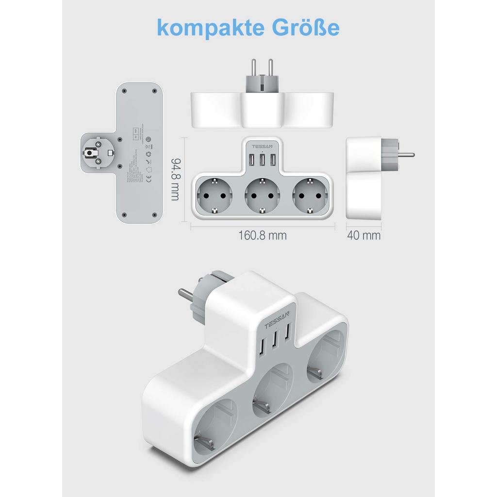 Tessan Удлинительный удлинитель стандарта ЕС с 1/3 розетками переменного тока и 2/3 USB-портами, 5 В, 2,4 А, настенная розетка с европейской вилкой, адаптер питания