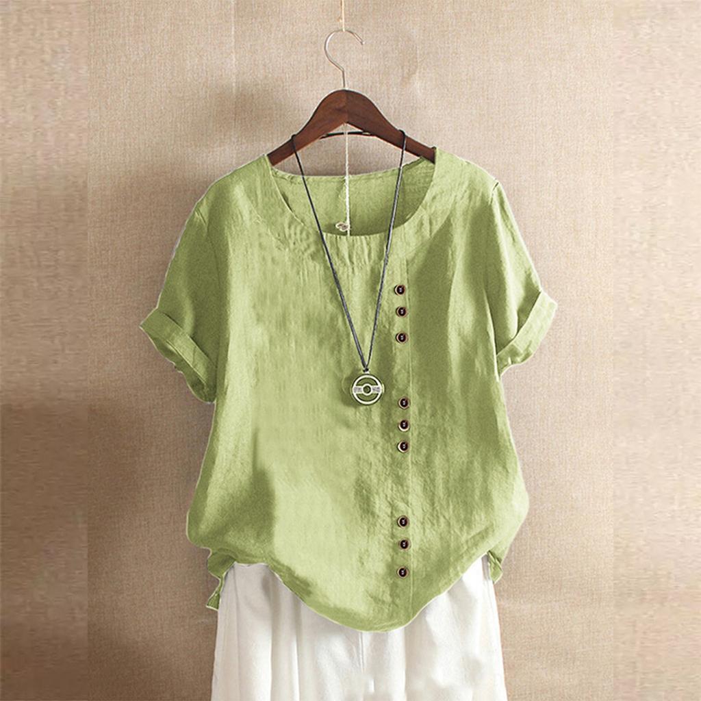 Women's Fashion Casual Temperament Round Neck Vintage Cotton And Hemp Solid Button Short Sleeve T-Shirt Top