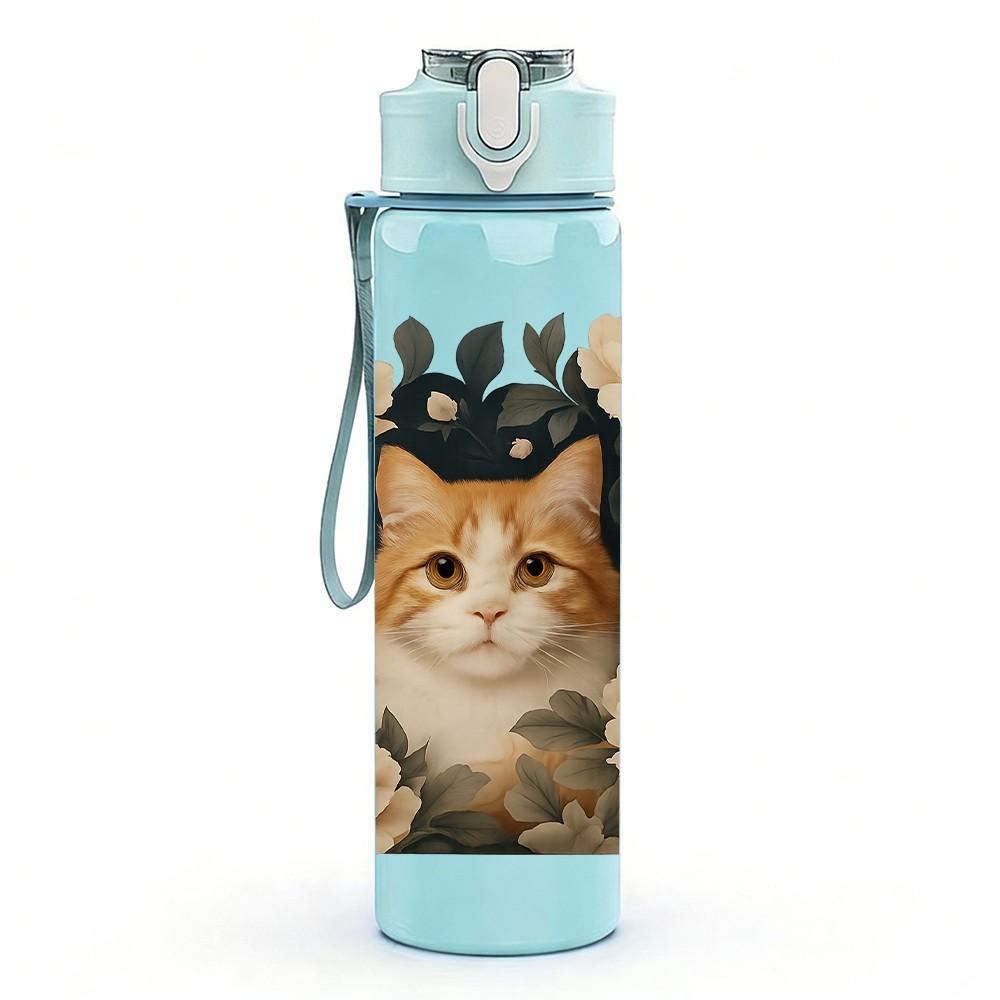 1PC Cat Surrounded By Rose Print 750ml Color Plastic Sports Water Bottle Leakproof Flip Straw Lid Suitable for Sports Office Home Use