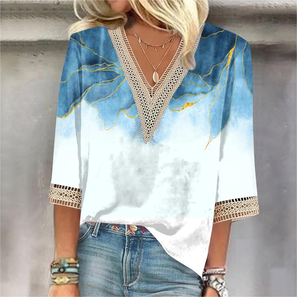 Women's Shirt Blouse Casual Loose Shirts 3/4 Sleeve Lace Trims Print V Neck Tops Print Tops T-shirts Tee