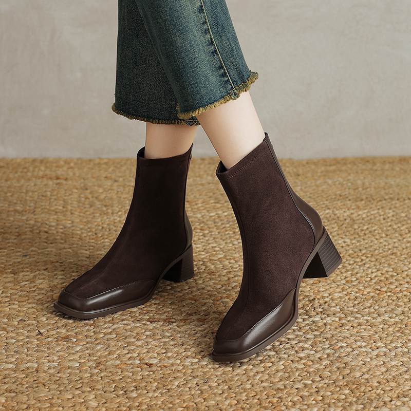 Krazing Pot Cow Suede Nubuck Autumn Winter Shoes Thick Heels Size 42 Square Toe Zipper Vintage Ankle Boots