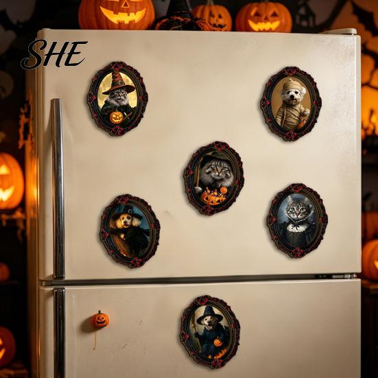 Witch Hat Cat Frame Decor Halloween Pet Photo Decoration, with Adhesive Dot, Dog Themed Wooden Decor, Retro Animal Ornament for Home Office Party