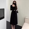 Новое черное платье с квадратным вырезом и длинными рукавами для невысоких людей, женский весенне-осенний темперамент, утягивающее талию, длинная внутренняя юбка