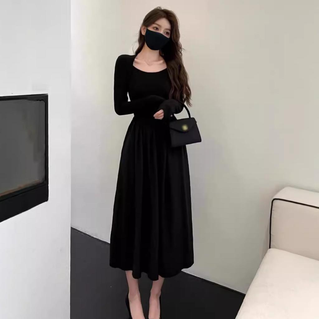 Новое черное платье с квадратным вырезом и длинными рукавами для невысоких людей, женский весенне-осенний темперамент, утягивающее талию, длинная внутренняя юбка
