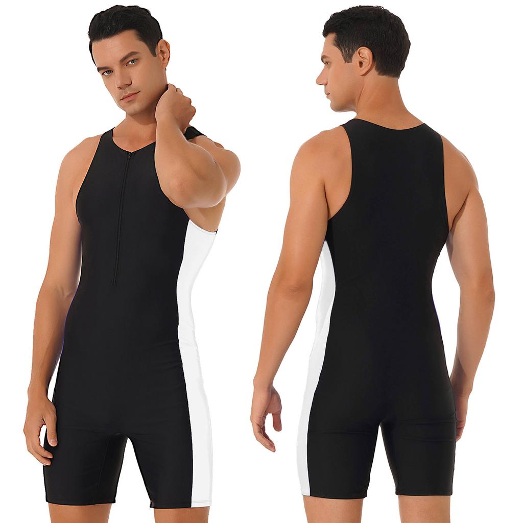Men One-piece Swimwear Sleeveless Front Zipper Shorts Bodysuit Wetsuit for Beach Pool Swimming Bathing