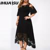 Embroidery Lace Patchwork Plus Size Women Dress Flared Short Sleeve Cold Shoulder High Waist
