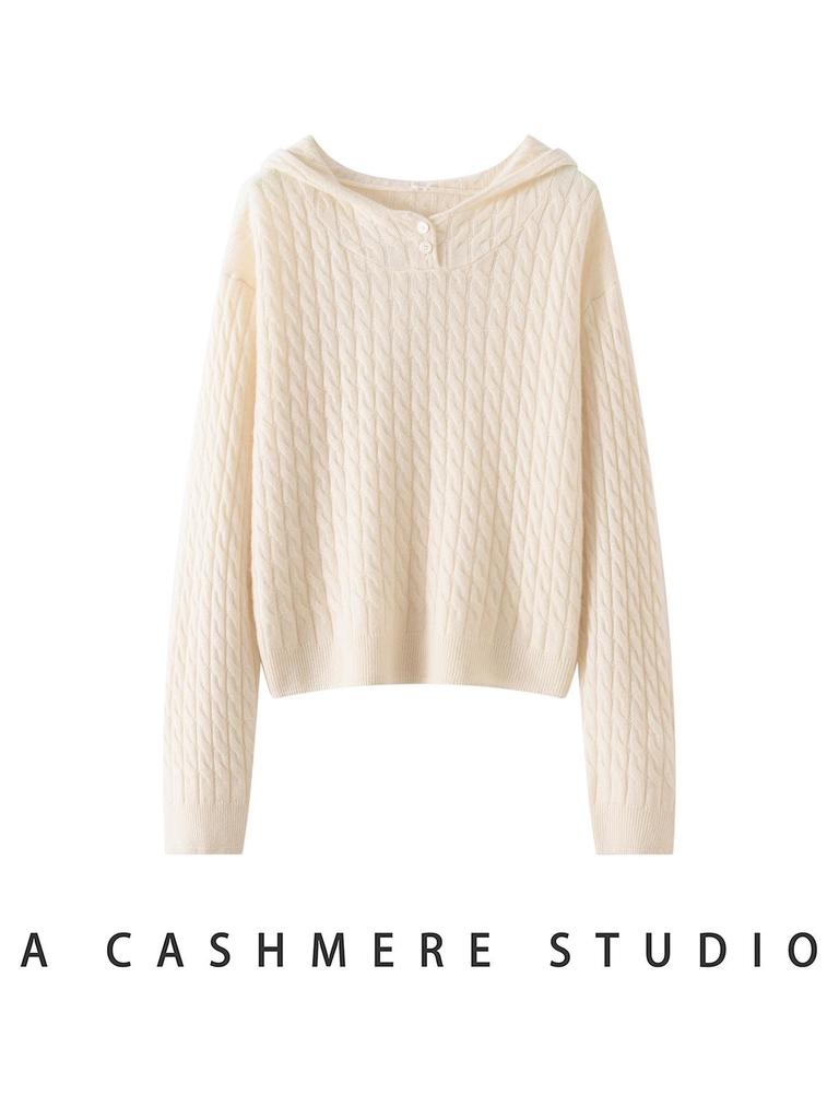 New Style Simple Temperament Women's Cashmere Hoodie Sweater with Full Body Cable Knit Base Layer