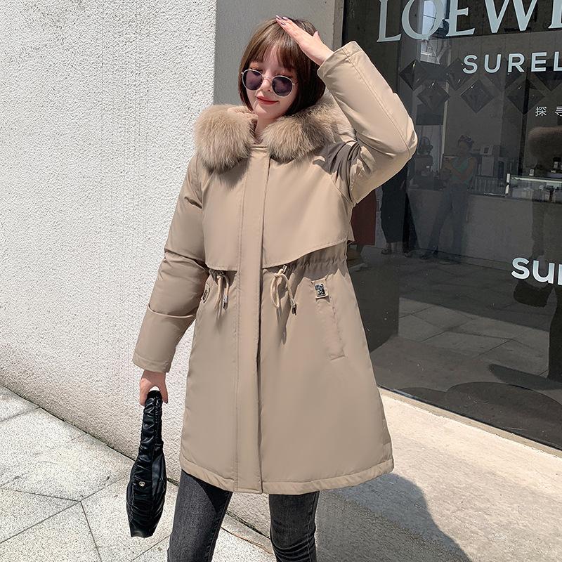 Женская осенне-зимняя тонкая теплая длинная парка с капюшоном и меховым воротником с длинным рукавом и плюшевой завязкой