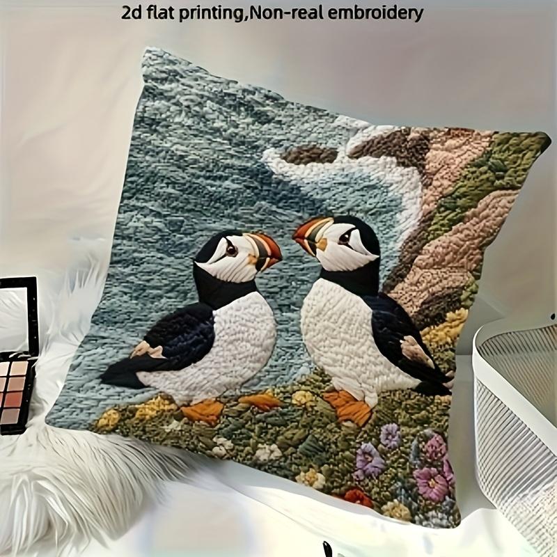 Double Sided 2D Effect Puffin Pillow Cover Cute Atlantic Sea Bird Print Soft Throw Pillow Case For Home Decor