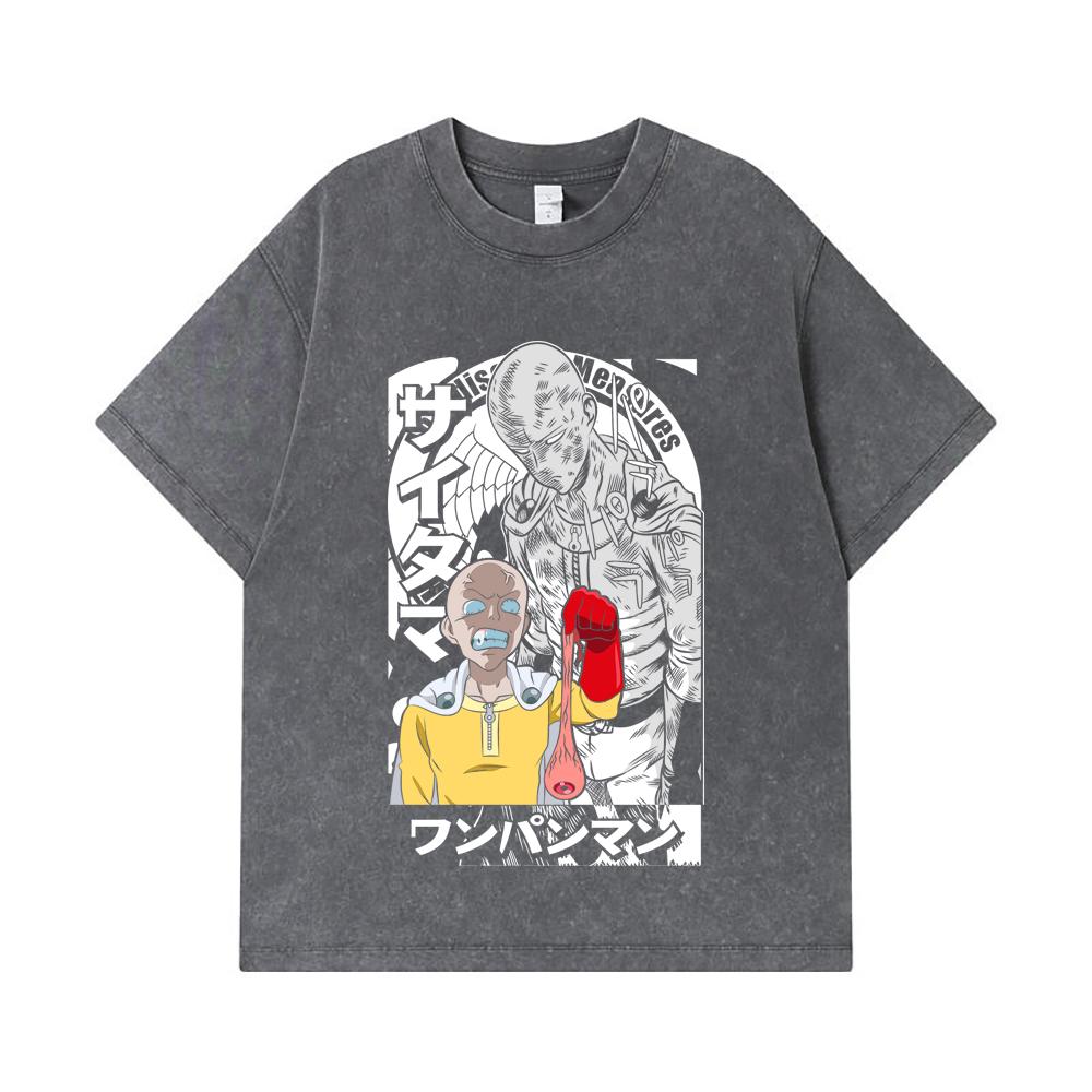 275 GSM Washed T-shirts 100% Cotton One Punch Man V6 Saitama Print Unisex Heavy Cotton T Shirt