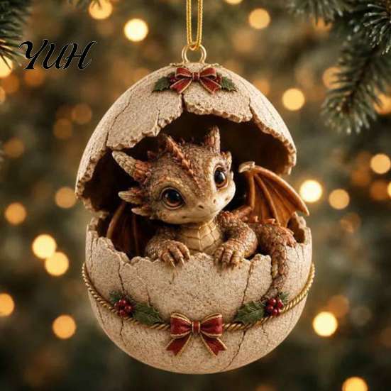 Holiday Gift for Dragon Lovers Baby And Egg Christmas Ornament, 2D Flat Acrylic Tree Hanging Novelty Pendant Decoration, Fantasy Xmas Tree, Home Party