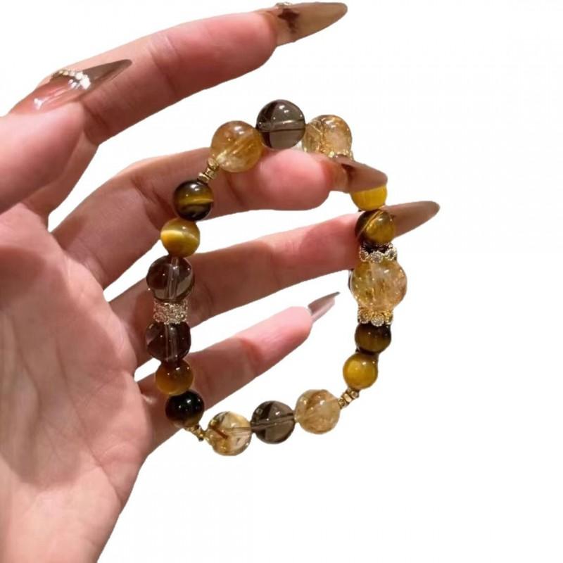 Handcrafted Natural Yellow Tiger Eye Hematite Citrine Quartz Bracelet Original Design Unisex Stone Bead Jewelry