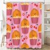 Cute cupcake shower curtain with smiling faces perfect for a bathroom Pink background with cherries and nuts. Made from waterpr