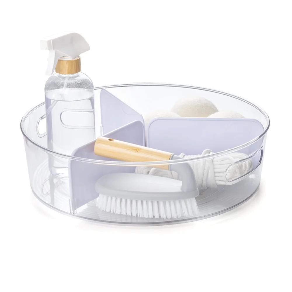 Clear Lazy Susan Turntable with Removable Dividers Storage Solution Kitchen Bathroom Laundry Room Organization Easy Carry Handle