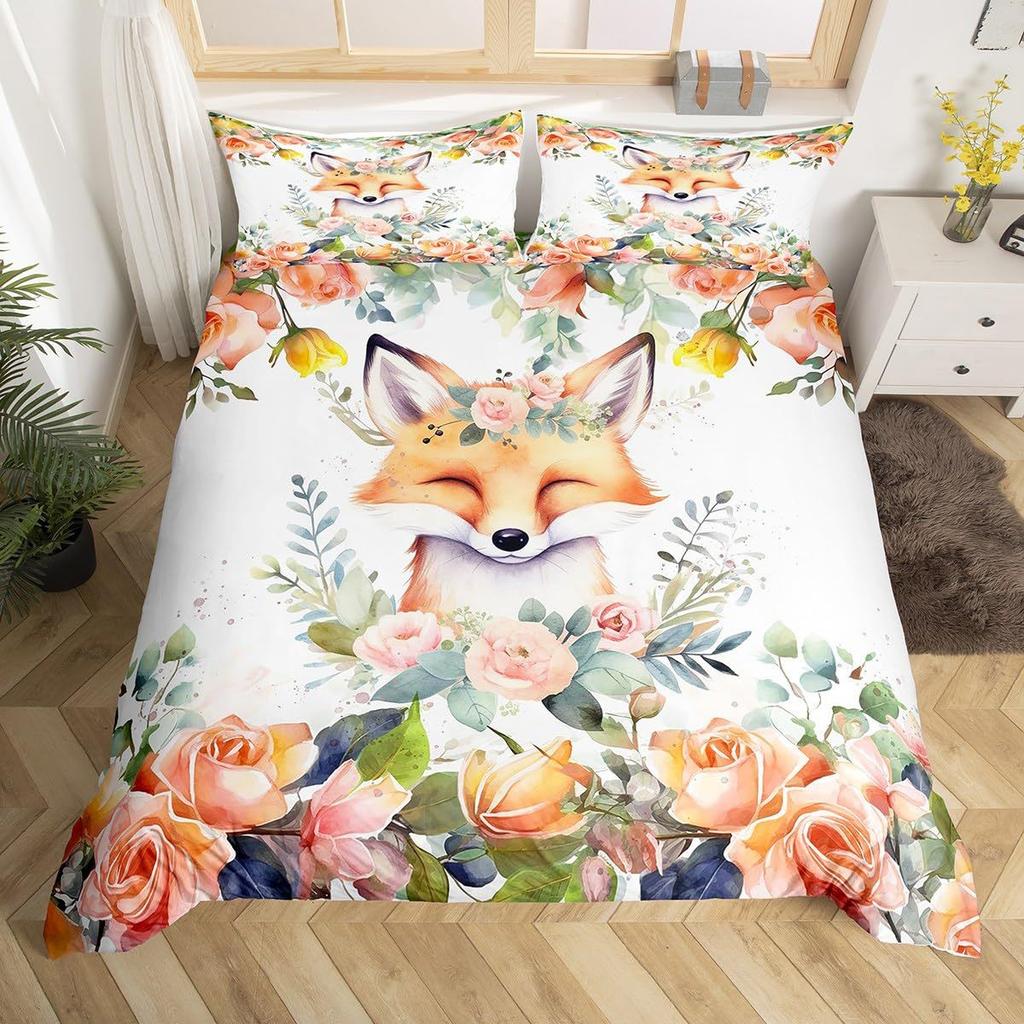 Cute cartoon fox pattern duvet cover set suitable for children's bedroom decoration bedding