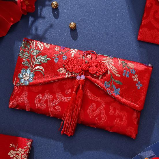 Chinese Red Envelope Embroidered Satin Cash Envelope Lucky Money Envelope Pocket for Wedding Spring Festival Banknotes Gift