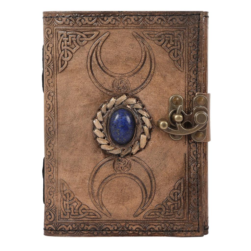 Handmade Vintage Leather Journal Triple Moon Studded with Semi Precious Stone. Lock Closure Diary