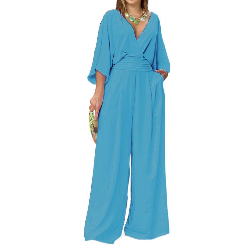 Летнее элегантное платье, женская мода, однотонный повседневный комбинезон с короткими рукавами и v-образным вырезом