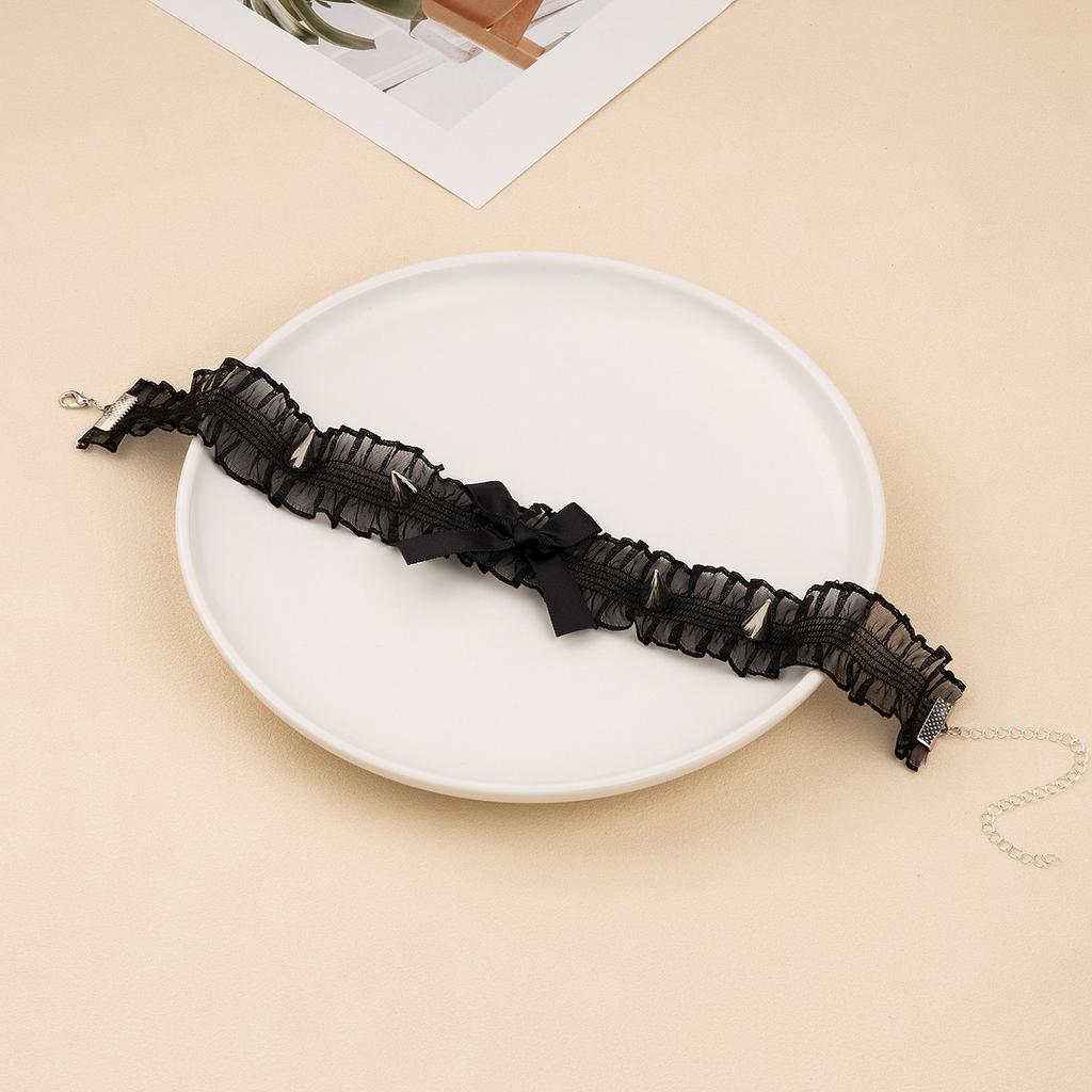 Korean Original Rivet Lace Bow Choker, Avant-Garde Streetwear Clavicle Necklace
