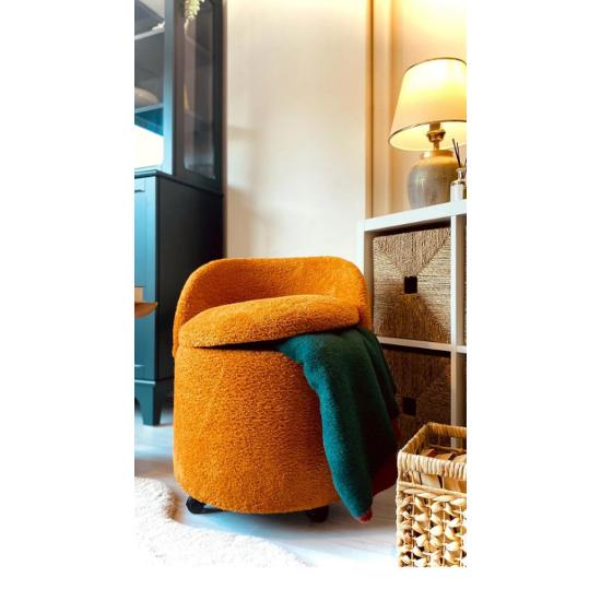 X Large Orange Tedy Fabric Cylinder Decorative Foldable Armchair Pouffe Center Table with Storage Box