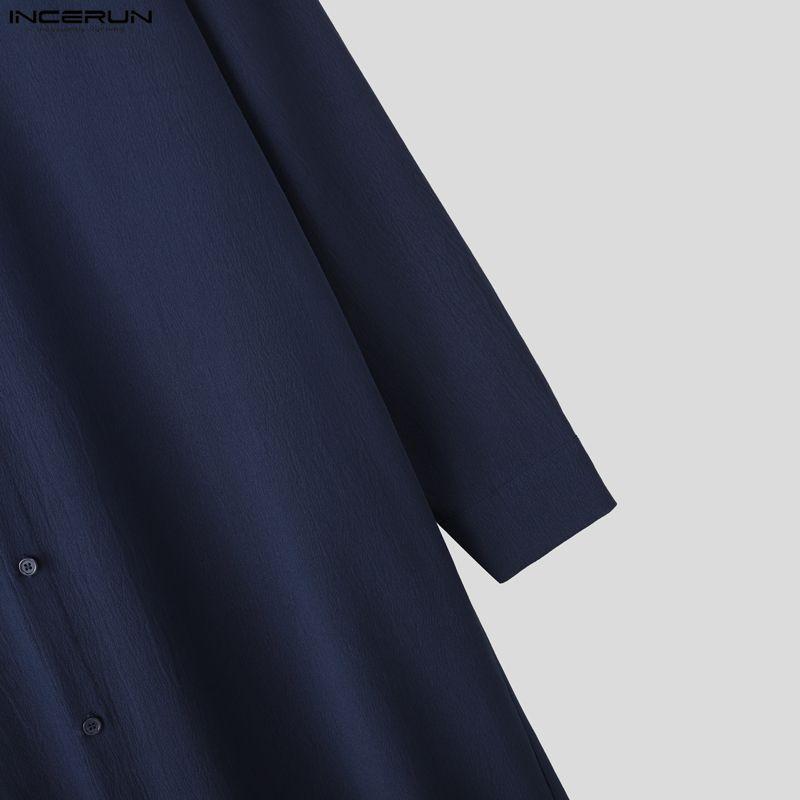 INCERUN Мужские рубашки-туники с отложным воротником, длинными рукавами, пуговицами, неровным подолом и высокими разрезами