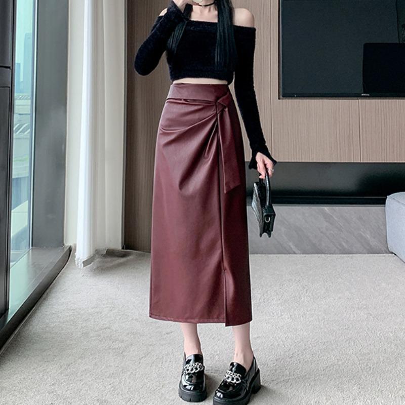 Корейский стиль Высокая талия Узкая юбка А-силуэта Женская разрез средней длины Прямая юбка из искусственной кожи с разрезом
