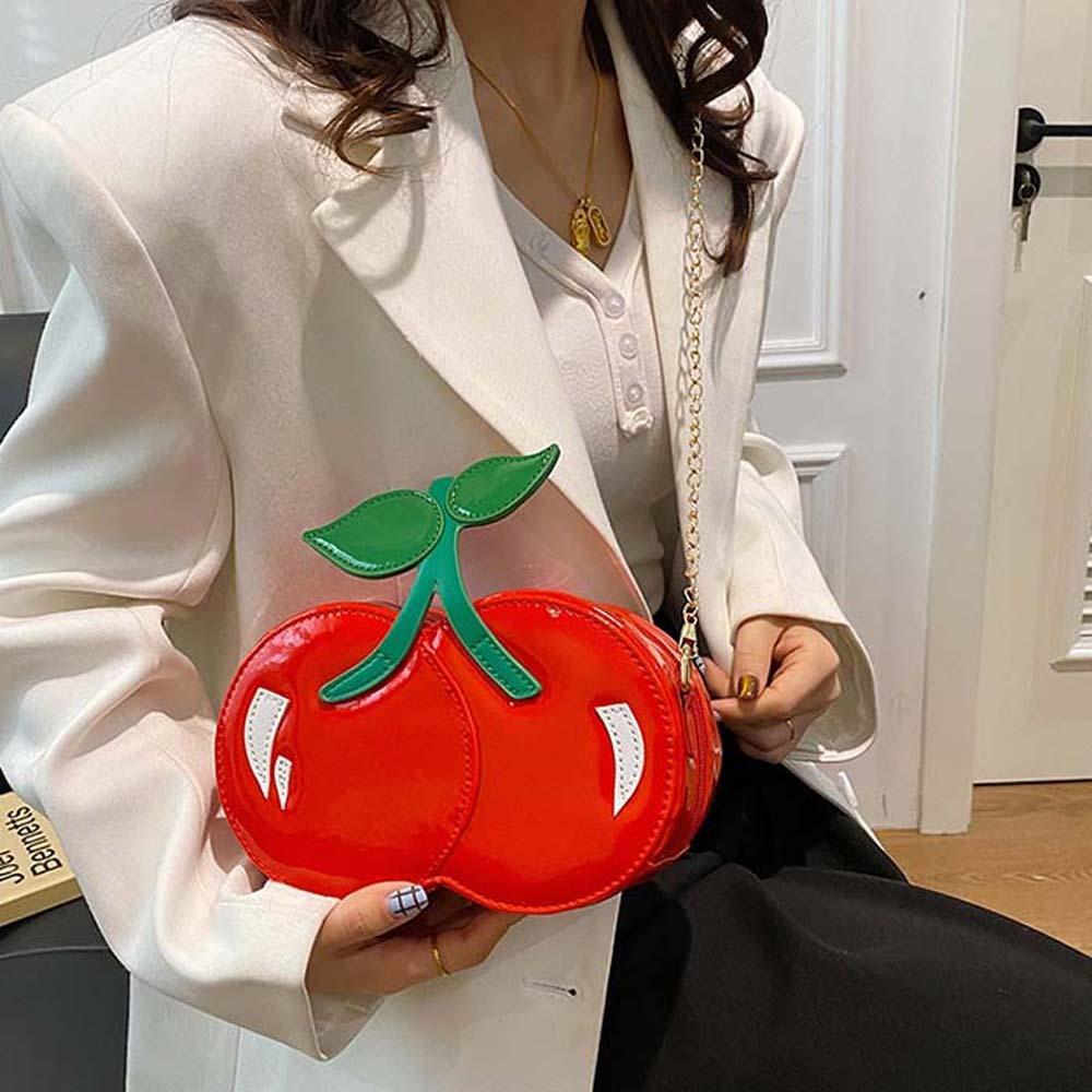 Kawaii Red Fruit Crossbody Bag Large Capacity PU Shoulder Pouch Chain Cherry Shape Bag Vacation