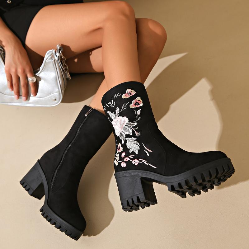 Модные европейские и американские полусапожки 2024 года, осенние новинки, с вышивкой в виде цветов, с чувством дизайна, на высоком каблуке, универсальные модные сапоги