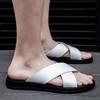 2024 Fashion Men Real Leather Slippers Summer New Black White/red/yellow Cross Over Slippers Men's Leisure Comfort Flat Sandals